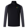 Explore the Washington Irish Rugby Elite 1/4 Zip Top by Canterbury, a black and gray long-sleeve sports top adorned with a green and red embroidered shield logo on the chest. Crafted by EMB Canterbury for performance and comfort, this top utilizes sustainable materials to enhance your workout experience responsibly.