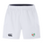 The Washington Irish Rugby Advantage Short 2.0 by Canterbury from EMB Canterbury features a white design with a black logo on the left and a striking crest in green, red, and white on the right, all made using recycled materials for an eco-friendly touch.