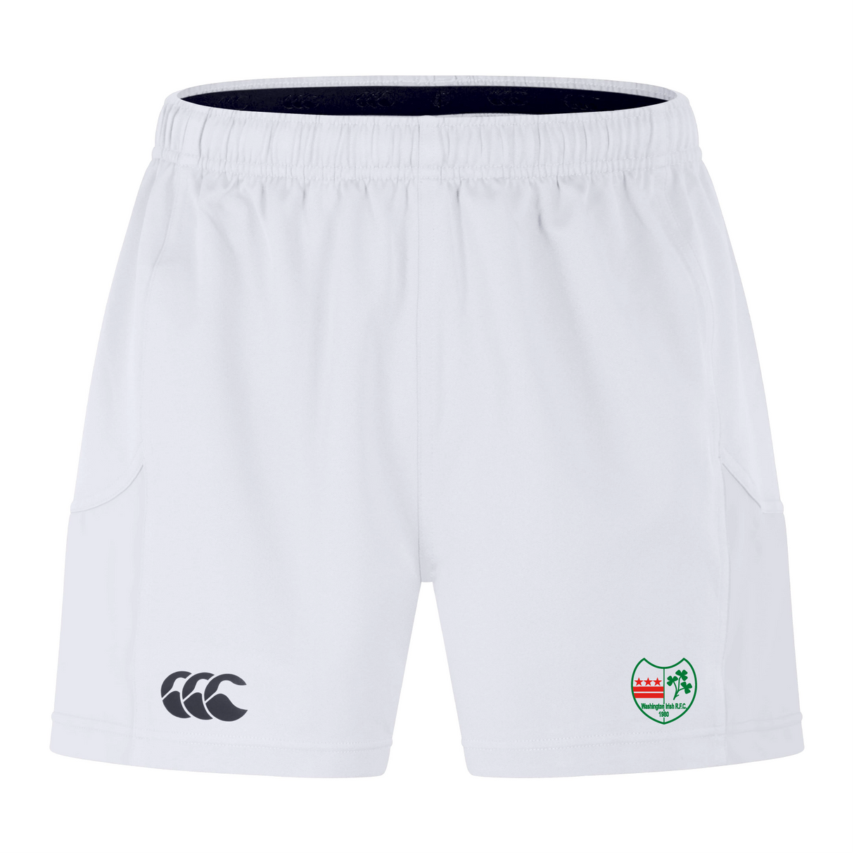 The Washington Irish Rugby Advantage Short 2.0 by Canterbury from EMB Canterbury features a white design with a black logo on the left and a striking crest in green, red, and white on the right, all made using recycled materials for an eco-friendly touch.