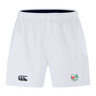 The Washington Irish Rugby Advantage Short 2.0 by Canterbury from EMB Canterbury features a white design with a black logo on the left and a striking crest in green, red, and white on the right, all made using recycled materials for an eco-friendly touch.