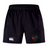 The Washington Irish Rugby Advantage Short 2.0 by EMB Canterbury features an eco-friendly design crafted from recycled materials. These performance shorts come in black with a distinctive white Canterbury logo and a green and red club emblem on the left leg.