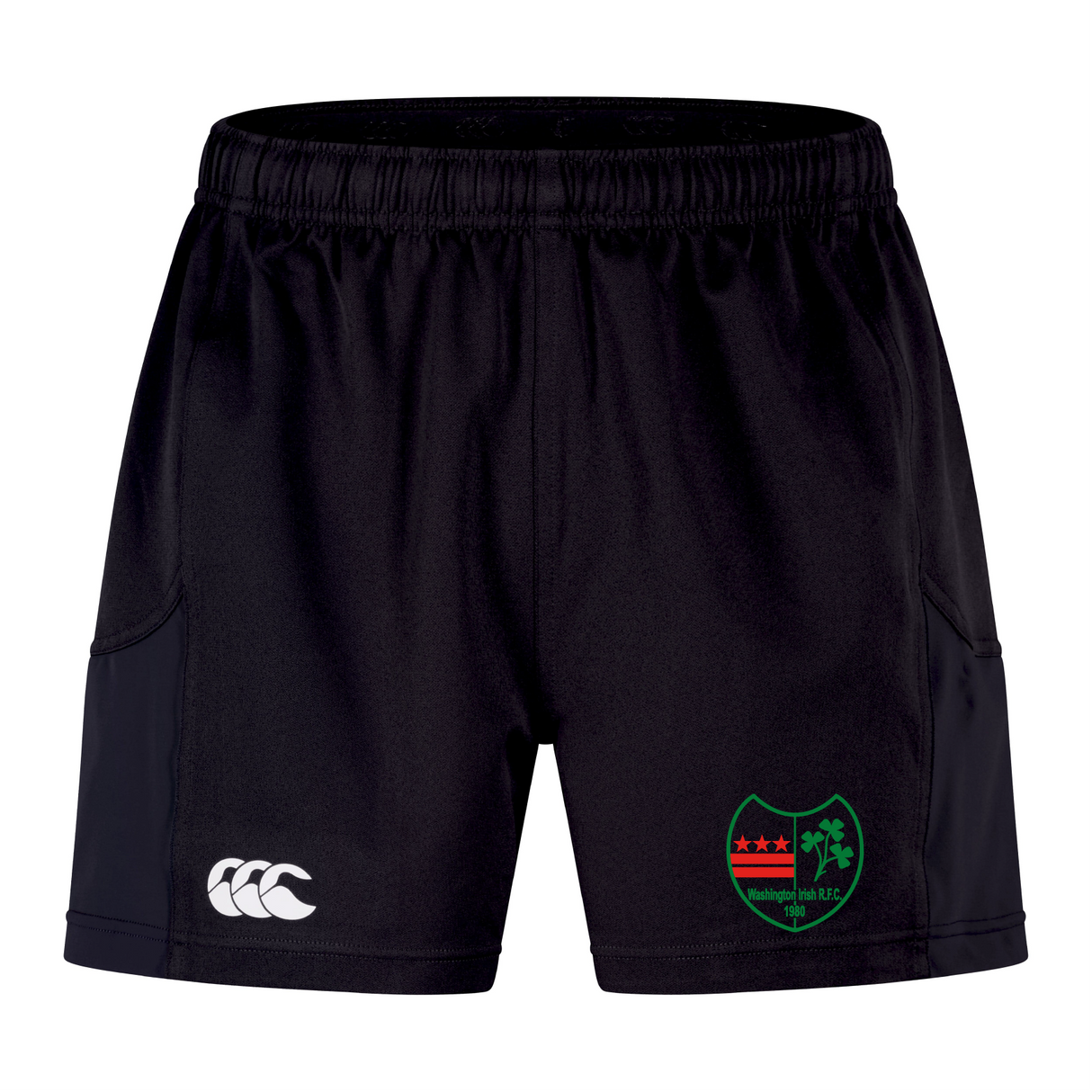 The Washington Irish Rugby Advantage Short 2.0 by EMB Canterbury features an eco-friendly design crafted from recycled materials. These performance shorts come in black with a distinctive white Canterbury logo and a green and red club emblem on the left leg.