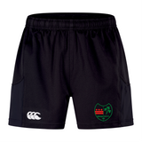 The Washington Irish Rugby Advantage Short 2.0 by EMB Canterbury features an eco-friendly design crafted from recycled materials. These performance shorts come in black with a distinctive white Canterbury logo and a green and red club emblem on the left leg.
