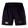 The Washington Irish Rugby Advantage Short 2.0 by EMB Canterbury features an eco-friendly design crafted from recycled materials. These performance shorts come in black with a distinctive white Canterbury logo and a green and red club emblem on the left leg.