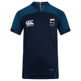 The Washington Renegades VapoDri Evader Jersey by EMB Canterbury is navy blue with a white logo on the left and a crest on the right, designed with VapoDri Technology for enhanced comfort—a must-have for any Rugby World Cup fan.