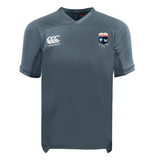 The Washington Renegades Vapodri Evader Jersey by EMB Canterbury, in grey, showcases a white logo on the right and a team badge on the left. With advanced VapoDri Technology, it offers optimal performance and comfort, perfect for Rugby World Cup fans seeking style during every game.
