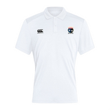 Ideal for rugby enthusiasts, the Washington Renegades Waimak Polo by Canterbury from EMB Canterbury is a white polo featuring a collar, the Canterbury logo on the left, and a shield-like emblem with text on the right. It represents both style and passion for rugby.