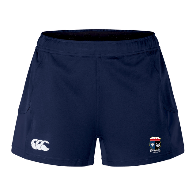 Navy blue Washington Renegades Women's Advantage Short 2.0 by EMB Canterbury, featuring a white logo on the left side and a crest on the right, crafted with a focus on performance and sustainability using recycled content.