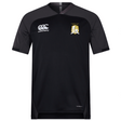 The Waukesha Gold Rugby Vapodri Evader Jersey by EMB Canterbury features a stylish black design with short sleeves, adorned with the iconic Canterbury logo on the right chest and a shield emblem on the left. Its VapoDri finish provides superior moisture-wicking technology for enhanced performance and comfort.
