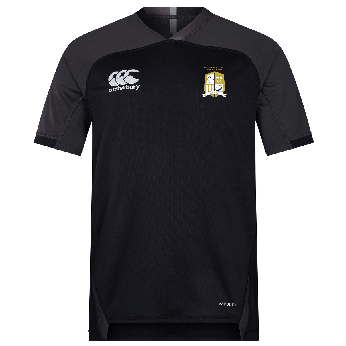 The Waukesha Gold Rugby Vapodri Evader Jersey by EMB Canterbury features a stylish black design with short sleeves, adorned with the iconic Canterbury logo on the right chest and a shield emblem on the left. Its VapoDri finish provides superior moisture-wicking technology for enhanced performance and comfort.