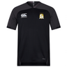 The Waukesha Gold Rugby Vapodri Evader Jersey by EMB Canterbury features a stylish black design with short sleeves, adorned with the iconic Canterbury logo on the right chest and a shield emblem on the left. Its VapoDri finish provides superior moisture-wicking technology for enhanced performance and comfort.
