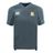 The Waukesha Gold Rugby Vapodri Evader Jersey by EMB Canterbury is a gray sports jersey featuring the distinctive Canterbury logo on the right chest and an embroidered emblem on the left. It has short sleeves and a V-neck design, enhanced with VapoDri moisture-wicking technology to ensure optimal comfort.