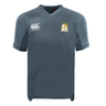 The Waukesha Gold Rugby Vapodri Evader Jersey by EMB Canterbury is a gray sports jersey featuring the distinctive Canterbury logo on the right chest and an embroidered emblem on the left. It has short sleeves and a V-neck design, enhanced with VapoDri moisture-wicking technology to ensure optimal comfort.