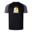 The Waukesha Gold Rugby Elite Training Tee by Canterbury, offered by WRS Canterbury, is a black and gray rugby shirt featuring the "Waukesha Gold Rugby Club" logo with a shield, map silhouette, and rugby ball. This shirt utilizes Vapodri fabrics for peak performance and includes the renowned CCC logo signifying top quality.