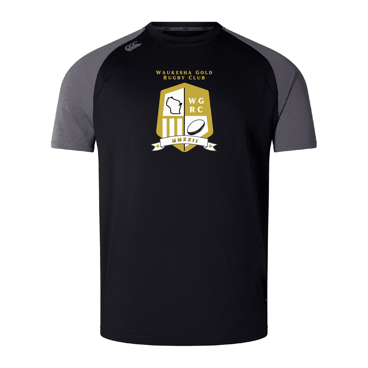 The Waukesha Gold Rugby Elite Training Tee by Canterbury, offered by WRS Canterbury, is a black and gray rugby shirt featuring the "Waukesha Gold Rugby Club" logo with a shield, map silhouette, and rugby ball. This shirt utilizes Vapodri fabrics for peak performance and includes the renowned CCC logo signifying top quality.