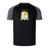 The Waukesha Gold Rugby Elite Training Tee by Canterbury, offered by WRS Canterbury, is a black and gray rugby shirt featuring the "Waukesha Gold Rugby Club" logo with a shield, map silhouette, and rugby ball. This shirt utilizes Vapodri fabrics for peak performance and includes the renowned CCC logo signifying top quality.