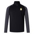 The Waukesha Gold Rugby Women's Elite First Layer by EMB Canterbury is a black and dark gray quarter-zip pullover, crafted from honeycomb fabric, and features a white and yellow embroidered crest on the left chest.