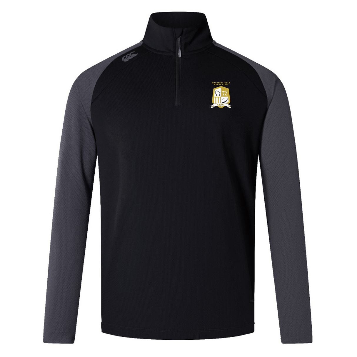 The Waukesha Gold Rugby Women's Elite First Layer by EMB Canterbury is a black and dark gray quarter-zip pullover, crafted from honeycomb fabric, and features a white and yellow embroidered crest on the left chest.