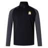 The Waukesha Gold Rugby Women's Elite First Layer by EMB Canterbury is a black and dark gray quarter-zip pullover, crafted from honeycomb fabric, and features a white and yellow embroidered crest on the left chest.