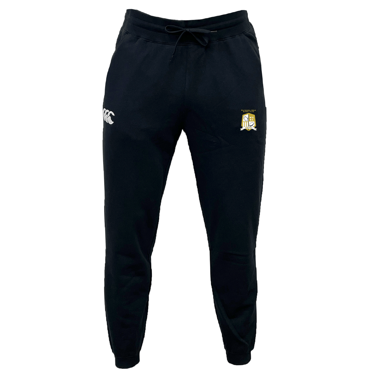 The Waukesha Gold Rugby Leisure Sweatpant by EMB Canterbury showcases a logo on the left thigh and includes a drawstring waist, designed with a blend of recycled polyester and organic cotton to ensure both comfort and sustainability.