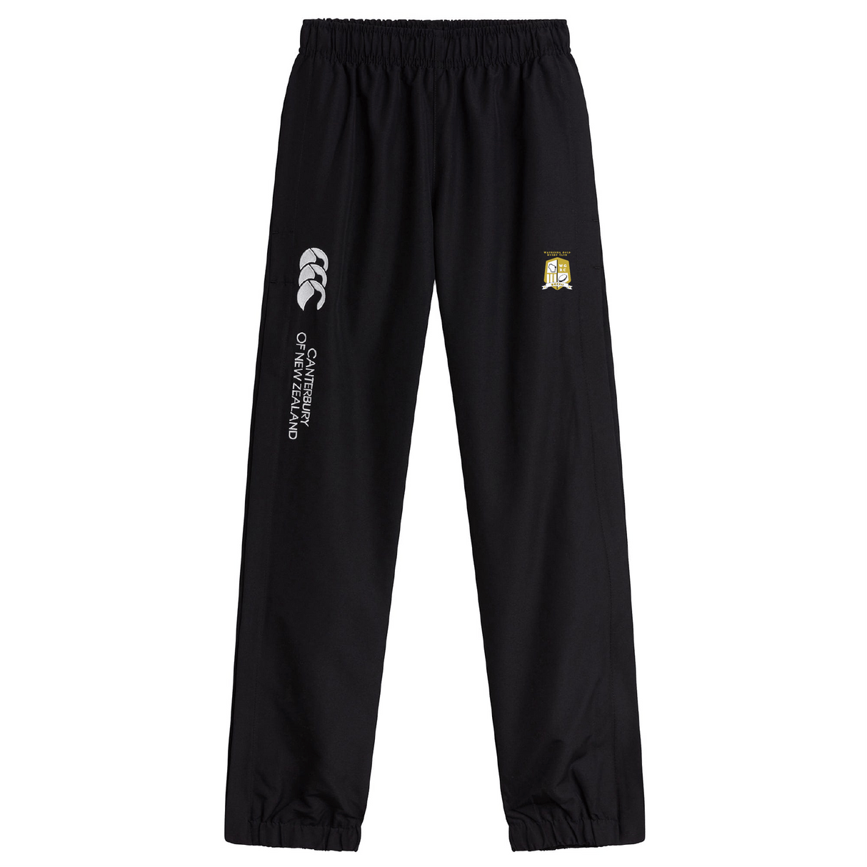 The Waukesha Gold Rugby Cuffed Hem Stadium Pant by Canterbury from EMB Canterbury features a black design with cuffed hems and an elastic waistband, prominently displaying the Canterbury logo on both the front left and right sides.