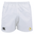 The Waukesha Gold Rugby Player's Drill Shorts by EMB Canterbury are made from recycled fabric, featuring a sleek black logo on the left leg and a subtle gold emblem on the right for a modern touch.