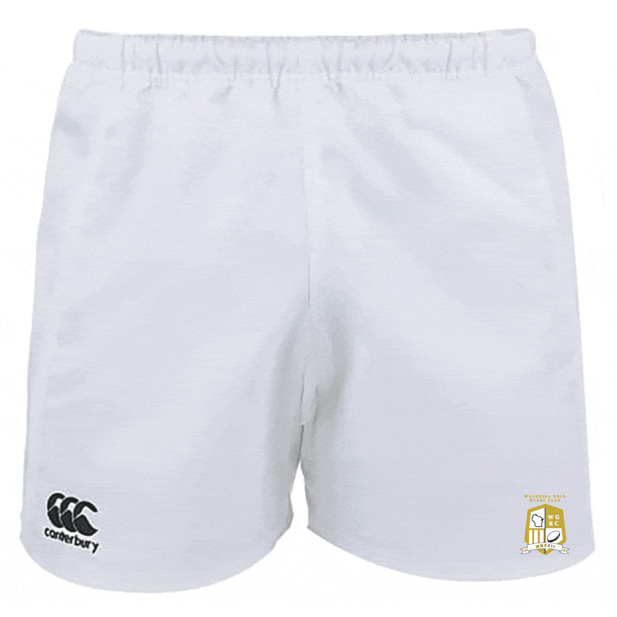 The Waukesha Gold Rugby Player's Drill Shorts by EMB Canterbury are made from recycled fabric, featuring a sleek black logo on the left leg and a subtle gold emblem on the right for a modern touch.