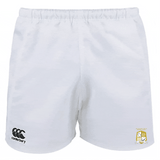 The Waukesha Gold Rugby Player's Drill Shorts by EMB Canterbury are made from recycled fabric, featuring a sleek black logo on the left leg and a subtle gold emblem on the right for a modern touch.