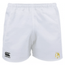The Waukesha Gold Rugby Player's Drill Shorts by EMB Canterbury are made from recycled fabric, featuring a sleek black logo on the left leg and a subtle gold emblem on the right for a modern touch.