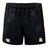 The Waukesha Gold Rugby Player's Drill Short by Canterbury is made by EMB Canterbury from recycled fabric and includes an elastic waistband. This black short showcases the Canterbury logo on the left and features an embroidered shield emblem on the right, delivering both style and sustainability.