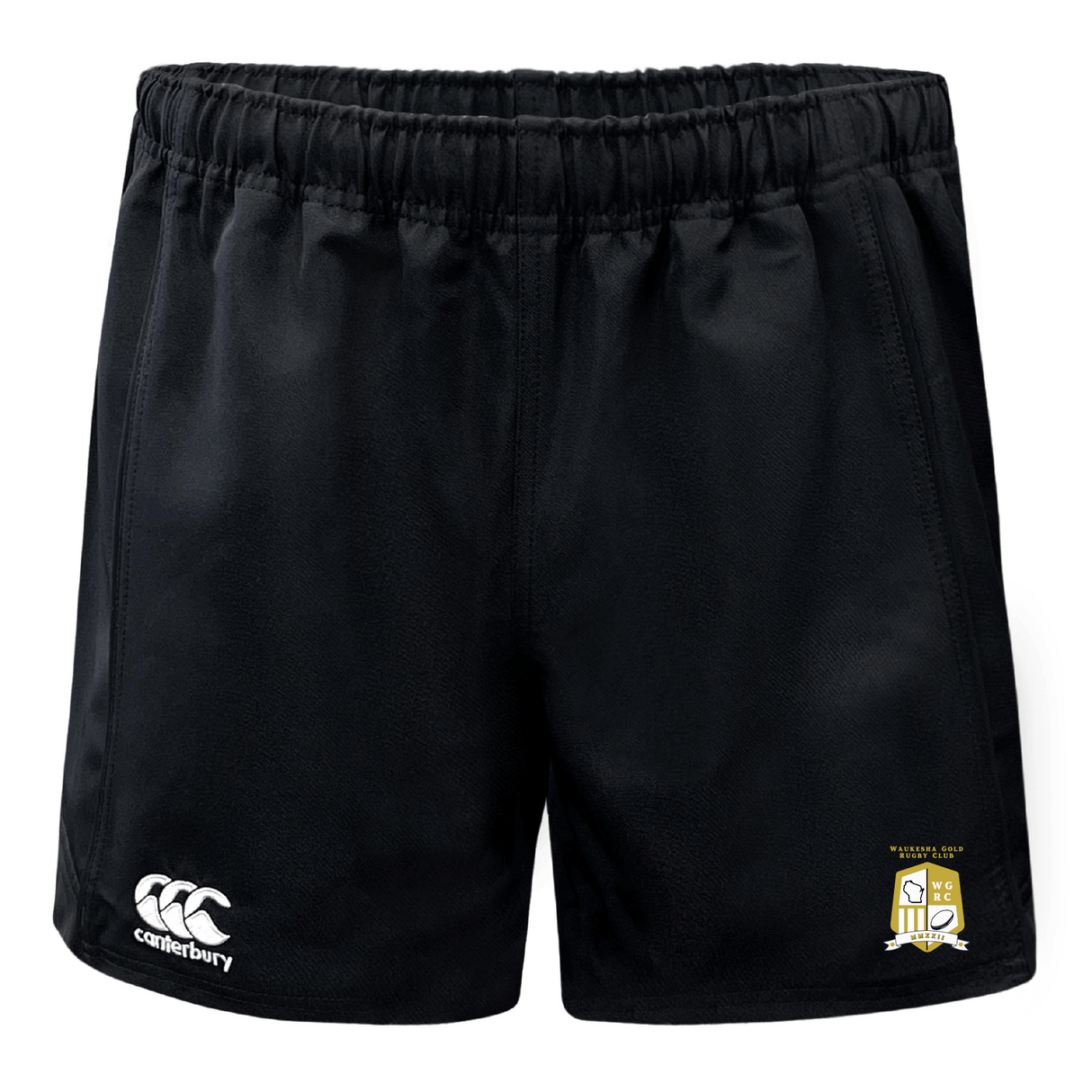 The Waukesha Gold Rugby Player's Drill Short by Canterbury is made by EMB Canterbury from recycled fabric and includes an elastic waistband. This black short showcases the Canterbury logo on the left and features an embroidered shield emblem on the right, delivering both style and sustainability.