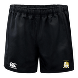 The Waukesha Gold Rugby Player's Drill Short by Canterbury is made by EMB Canterbury from recycled fabric and includes an elastic waistband. This black short showcases the Canterbury logo on the left and features an embroidered shield emblem on the right, delivering both style and sustainability.