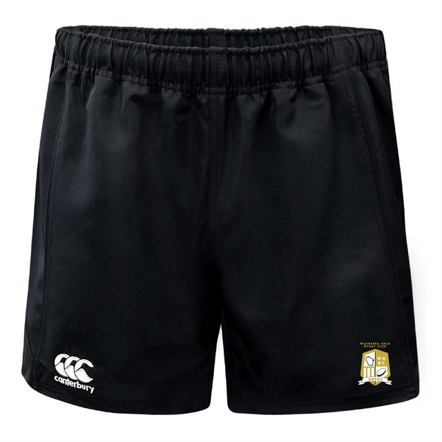 The Waukesha Gold Rugby Player's Drill Short by Canterbury is made by EMB Canterbury from recycled fabric and includes an elastic waistband. This black short showcases the Canterbury logo on the left and features an embroidered shield emblem on the right, delivering both style and sustainability.
