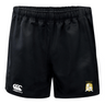 The Waukesha Gold Rugby Player's Drill Short by Canterbury is made by EMB Canterbury from recycled fabric and includes an elastic waistband. This black short showcases the Canterbury logo on the left and features an embroidered shield emblem on the right, delivering both style and sustainability.