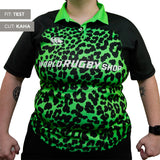 Person wearing the Canterbury Elite Full Custom Sublimated Jersey - Women's by Teamatical in green and black leopard print; "WORLD RUGBY SHOP" text on front, labeled with "TEST" fit and "KAHA" cut.