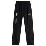 Western Michigan University Men's Rugby Cuffed Hem Stadium Pant by EMB Canterbury features black athletic pants with an elastic waistband, Canterbury of New Zealand logos, and cuffed hems; ideal for sport or casual wear.
