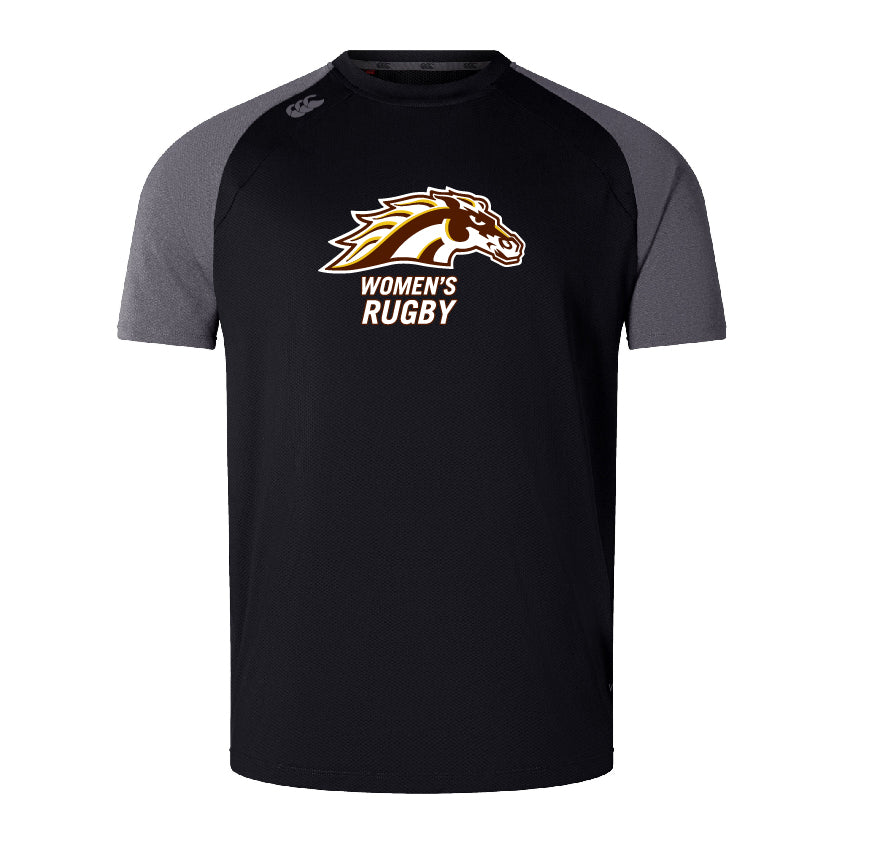 The Western Michigan University Women's Rugby Elite Training Tee by WRS Canterbury is crafted from durable Vapodri fabrics in black and gray, and showcases a horse logo along with the text "Women's Rugby" on the front.
