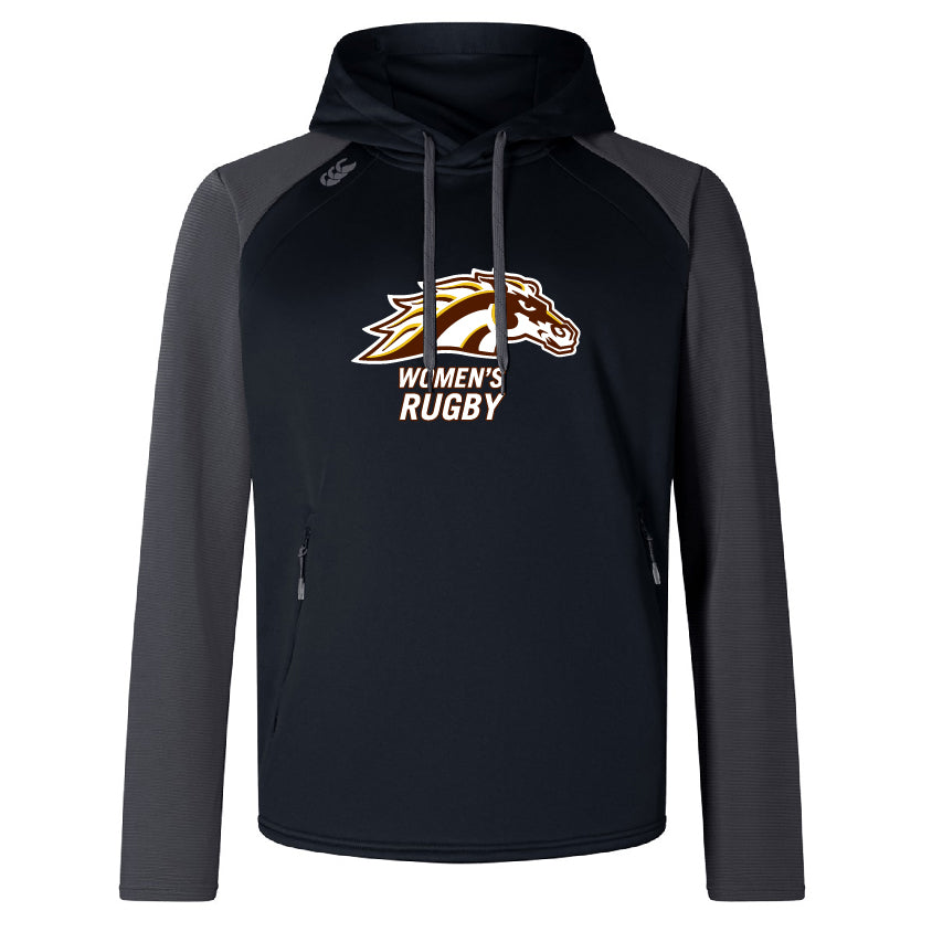 The Western Michigan University Women's Rugby Elite Training Hoody by WRS Canterbury is crafted from premium fabrics, featuring a striking horse logo on the front and is offered in black and gray.