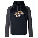 The Western Michigan University Women's Rugby Elite Training Hoody by WRS Canterbury is crafted from premium fabrics, featuring a striking horse logo on the front and is offered in black and gray.