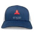 The Western Province Retro Trucker Cap by EMB S&S Activewear features a blue and white design with a red flower and "WP Rugby" text on the front, offering classic retro style.