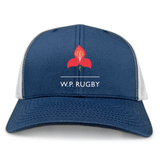 The Western Province Retro Trucker Cap by EMB S&S Activewear features a blue and white design with a red flower and "WP Rugby" text on the front, offering classic retro style.