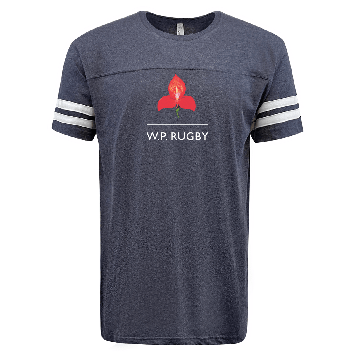 The Western Province Football T-shirt by WRS LAT is a navy tee adorned with white stripes on the sleeves, featuring a red flower in the center above the text "W.P. Rugby," making it essential for rugby enthusiasts.
