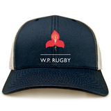 The Western Province Retro Trucker Cap by EMB S&S Activewear features a navy and white design with a red flower logo and "W.P. RUGBY" on the front—ideal for WP Rugby fans.