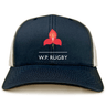 The Western Province Retro Trucker Cap by EMB S&S Activewear features a navy and white design with a red flower logo and "W.P. RUGBY" on the front—ideal for WP Rugby fans.