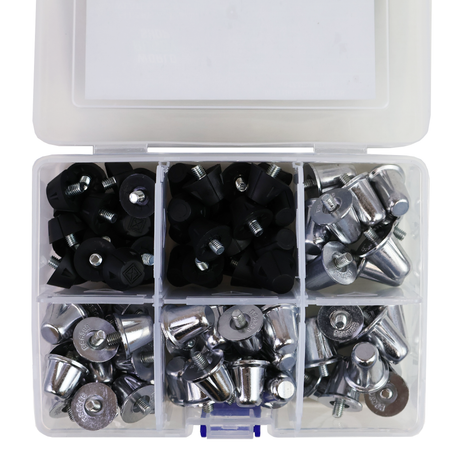 The Starlai Corp WRS 100 piece M5 Boxed Stud Kit includes a plastic organizer with six compartments of assorted black and silver metal fasteners, perfect for stud replacements on soft ground boots or use on artificial grass.