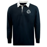 The Missoula All-Maggots Classic Long Sleeve Solid Rugby Jersey by EMB Mudoo features a navy blue design with a crisp white collar and a white embroidered spiral logo on the left chest. Combining timeless style with exceptional comfort, this long-sleeve rugby shirt is perfect for any occasion.