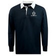 The Highlanders Rugby NC Classic Long Sleeve Solid Rugby Jersey by EMB Mudoo is a traditional rugby shirt featuring a dark body with a white collar and white cuffs. Made from a comfortable cotton/poly blend, it offers a relaxed fit. "Highlanders Rugby" and the brand logo are printed on the left chest.