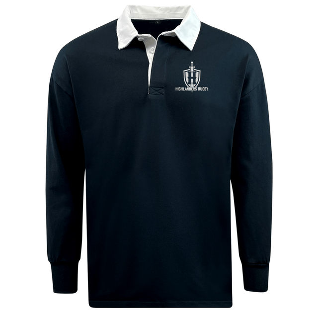 The Highlanders Rugby NC Classic Long Sleeve Solid Rugby Jersey by EMB Mudoo is a traditional rugby shirt featuring a dark body with a white collar and white cuffs. Made from a comfortable cotton/poly blend, it offers a relaxed fit. "Highlanders Rugby" and the brand logo are printed on the left chest.