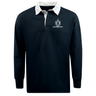 The Highlanders Rugby NC Classic Long Sleeve Solid Rugby Jersey by EMB Mudoo is a traditional rugby shirt featuring a dark body with a white collar and white cuffs. Made from a comfortable cotton/poly blend, it offers a relaxed fit. "Highlanders Rugby" and the brand logo are printed on the left chest.