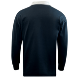 The EMB Mudoo Nations of Rugby South Africa Brush Stroke Classic Jersey 24 features long sleeves, a navy design with a white collar, and is shown from the back against a white background—ideal for rugby fans.
